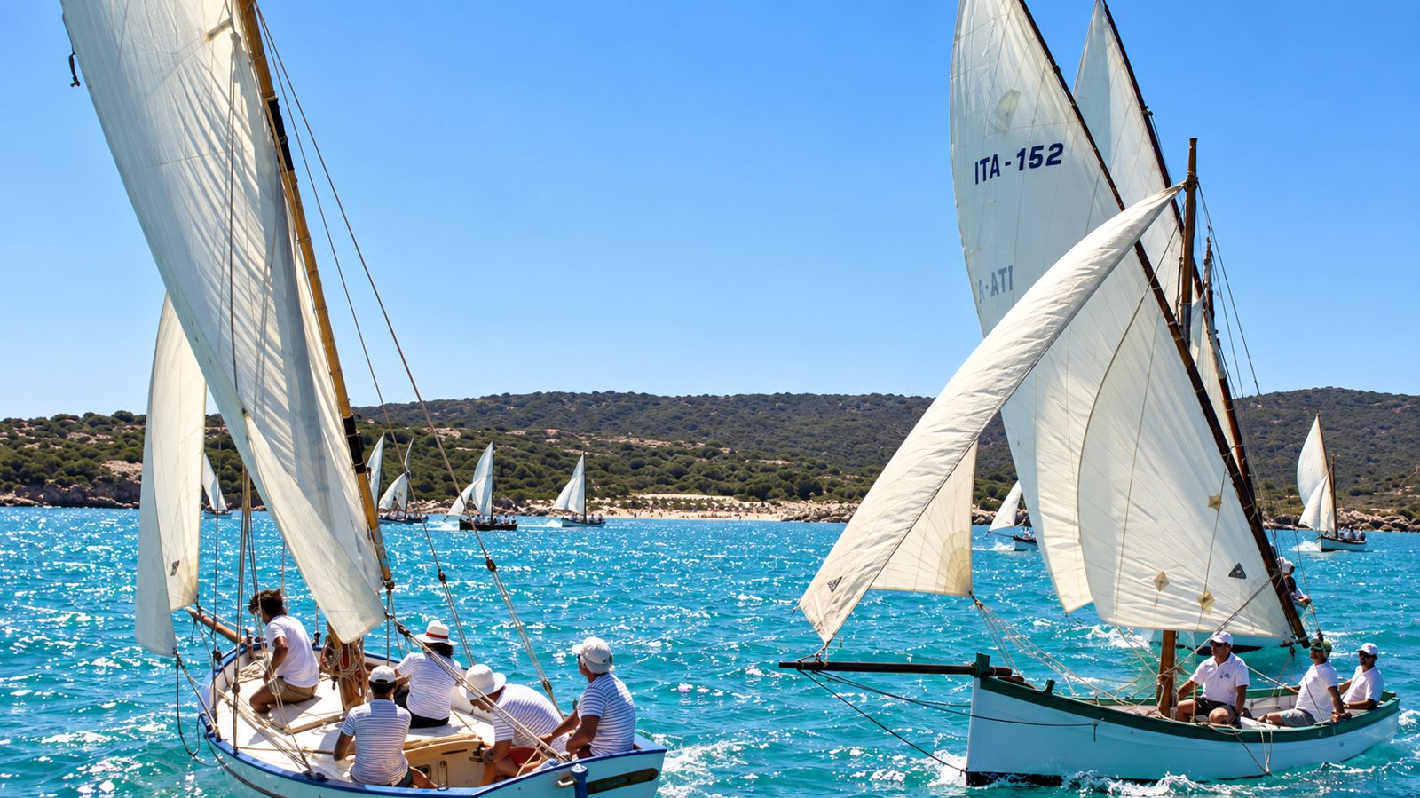 Gozzi a vela latina in regata nel mare di Stintino