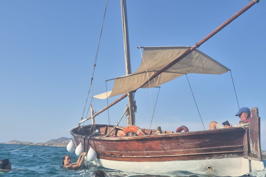 Il gozzo in legno Il Professore naviga a vela latina nel Golfo dell'Asinara