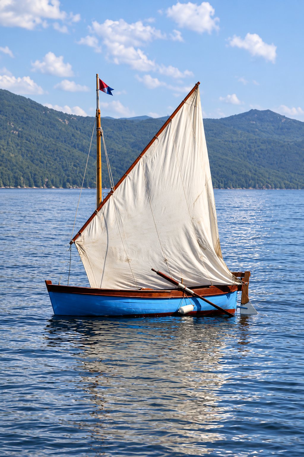Piccola barca in legno con la vela latina spiegata